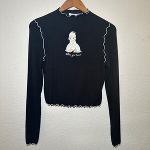 Forever 21 Womens L Precious Moments Black Long Sleeve Lettuce Trim Mock Neck